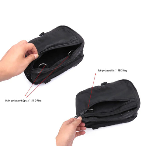 Open black nylon scuba diving storage pocket with double ended hook for sidemount gear, showing main and sub pockets with D-rings.