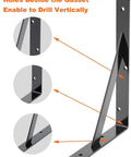 Heavy Duty Shelf Brackets 8 Pack Fit 14 to 18 Inch Shelves L Shape Wall Brackets With 90 Degree Triangle Design Beefy 250 Lbs Load Capacity Mounting Hardware Included Black, showing gusset holes for vertical drilling.