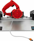 Professional Electric Tile Chamfering Machine With Solid Aluminum Base For Dead On 45 Degree Ceramic Edges Using Quick Swap Blades That Gives Smoother Than Glass Bevels For Zero Sweat Home Renovation, showing aluminum base and red handle.