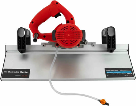 Professional Electric Tile Chamfering Machine With Solid Aluminum Base For Dead On 45 Degree Ceramic Edges Using Quick Swap Blades That Gives Smoother Than Glass Bevels For Zero Sweat Home Renovation, showing aluminum base and red handle.
