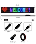 Programmable LED Sign With Flexible Matrix Panel USB 5V Powered App Control Slick Custom Text Patterns And Animations With Music Rhythm IP65 Waterproof Ultra Thin Flexible Display For Store Bar Window Car showing dimensions and accessories.