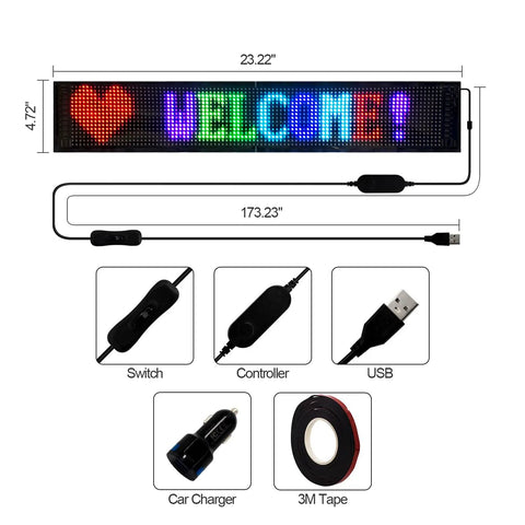 Programmable LED Sign With Flexible Matrix Panel USB 5V Powered App Control Slick Custom Text Patterns And Animations With Music Rhythm IP65 Waterproof Ultra Thin Flexible Display For Store Bar Window Car showing dimensions and accessories.