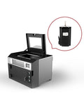 Front view of laser engraver with lid open; black metal body and window top; inset shows a Nema 23 4-lead stepper motor.