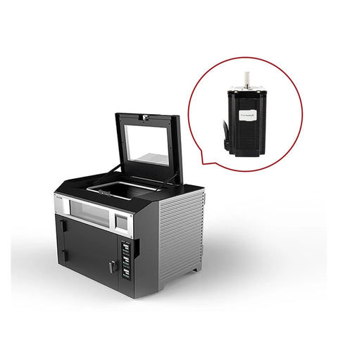 Front view of laser engraver with lid open; black metal body and window top; inset shows a Nema 23 4-lead stepper motor.