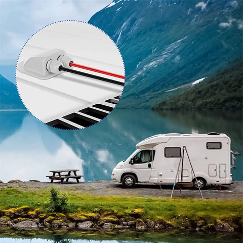 Solar Cable Entry Gland Waterproof Dual Cable Connector Cover For RV Caravan Boat Panels shown installed on RV roof