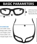 Slick And Tight Motorcycle Riding Glasses With Thick Silicone Padding, size chart showing dimensions for UV400 polycarbonate lenses.