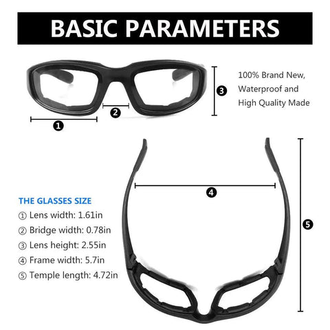 Slick And Tight Motorcycle Riding Glasses With Thick Silicone Padding, size chart showing dimensions for UV400 polycarbonate lenses.