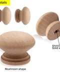 Unfinished Wood Cabinet Knob Set 20 Mushroom Drawer Pulls With Screws 1.3 Inch Diameter 1 Inch Height Solid Wood Dresser Knobs In Brown White Log Varnish Black And Unfinished, solid wood mushroom knob details