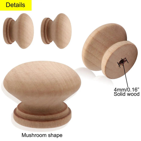 Unfinished Wood Cabinet Knob Set 20 Mushroom Drawer Pulls With Screws 1.3 Inch Diameter 1 Inch Height Solid Wood Dresser Knobs In Brown White Log Varnish Black And Unfinished, solid wood mushroom knob details
