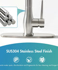 Close-up of pull down sprayer kitchen faucet with single handle, brushed nickel finish, double-headed stainless steel, deck plate