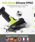 2D Wireless Barcode Scanner with anti-shock silicone design, featuring IP54 protection and multilingual support icons.