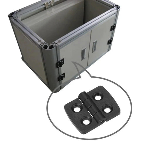 Close-up of Mini Plastic Black Door Hinges Pack 10 Or 20 Bearing Butt Cabinet Hinge on a metal cabinet