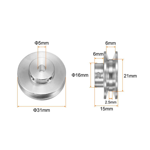 2 Pack Single Groove V Shaped Pulley Featuring 5Mm Bore And 31Mm Outer Diameter, Aluminum Alloy, 31mm wide.