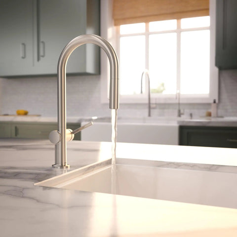 hansgrohe Talis N Pull Down Kitchen Faucet, Modern, Magnetic Hand Sprayer, 1-Handle, 1.75 GPM, Stainless Steel Optic, 72865801 with water flow in a modern kitchen.