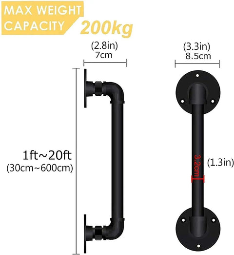 Sleek Black Wrought Iron Stair Rails With Super Grippy Non Slip Coating Zero Hassle Diy Wall Mount Setup Heavy Duty Indoor Outdoor Banister For Seniors Kids Hallway Loft And Bathroom 19 Feet Long max weight capacity 200kg with dimensions