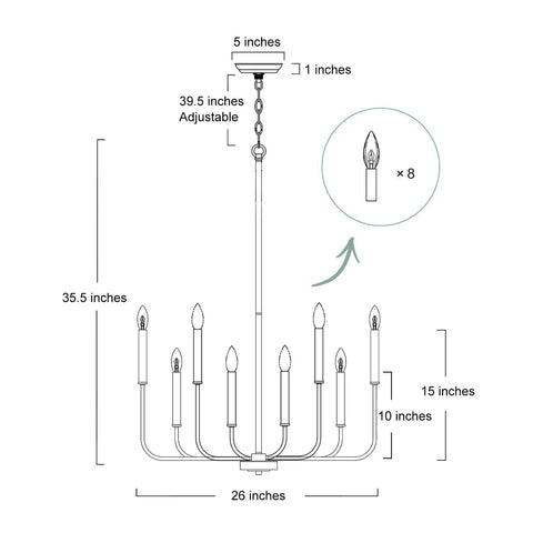Diagram of Dining Room Chandelier Lighting Fixture With Rustic Black Finish And White Specks, 26 Inch Diameter, Candle Style.