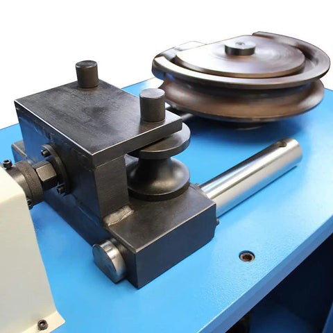 Top Shelf Fully Programmable Electric Hydraulic Tube And Pipe Bender With PLC Automation Panel 3Hp Motor smooth action close-up of hydraulic die.