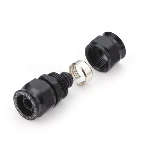 Exploded view of Redrock black 3/4-inch union air fittings with threaded ends; two-piece metal set with retaining ring