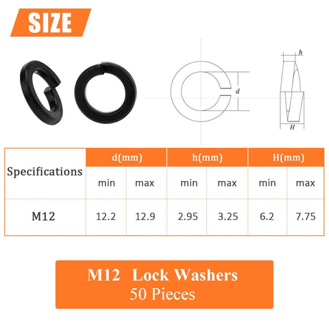 Diagram showing dimensions of 50 Pack 8.8 Grade Alloy Steel M12 Split Lock Washers, Spring Lock Washers For Screws And Bolts, Black Finish
