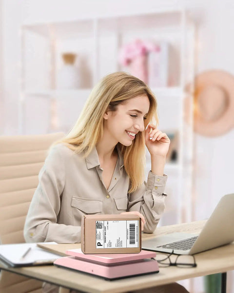 Killer Digital Postal Scale Measures Every Package Up To 66 Pounds With Dead On Precision So You Can Ship Heavy Goods Without Stress While The Sleek Pink Surface Looks Absolutely Dope on a desk with a woman smiling at her laptop.