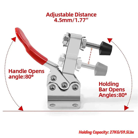 Six Pack Horizontal Toggle Clamp Set With 27Kg Quick Release showing adjustable angles and red handle in side view