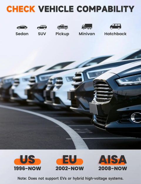 Row of cars illustrating compatibility for Bluetooth OBD2 Scanner For DIYers Fix Check Engine Light Pass Smog At Home Code Reader