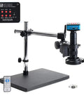 4K HDMI Microscope Camera Kit Pro Grade For Industry Lab And PCB Work, 180X C Mount Lens, Big Stereo Stand, 144 LED Light, USB Output, TF Card Recorder, No Lag 4K 2K 1080P, 12MP CMOS, Measuring Software For Windows Mac Linux. Microscope stand with camera head, remote, and base