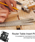 Rock Solid Router Table Insert Plates Set Of Three Premium Aluminum Backer Boards for precision wood milling on a workbench.