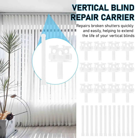 12 Piece Vertical Blind Repair Kit With Carrier Stem And Strap Universal Replacement Parts shown with white carriers and stems.