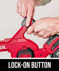 Close-up of hands using lock-on button on PWRCore 20 Brushless 20V Jobsite Blower With 110 CFM At 180 MPH Tool Only Battery And Charger Not Included
