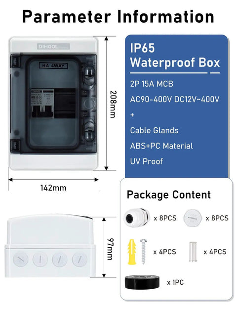 Outdoor Breaker Box 15 Amp Miniature Circuit Breaker With DIN Rail Enclosure Solar Disconnect Switch IP65 Waterproof DC 12 to 500V AC 90 to 480V No Polarity Big Wiring Space Easy Install with dimensions and package contents displayed.