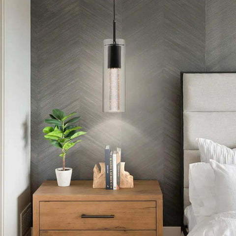 Black Pendant Light Fixture For Kitchen Island And Dining Table With Bubble Crystal Glass Shade And LED Bulb Included Matte Black Hanging Ceiling Light For Living Room Hallway Bedroom Elegant Starry Sparkle Effect over a bedside table