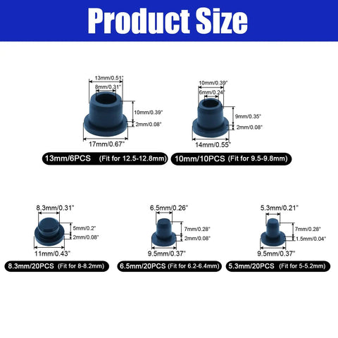 Go To 76 Piece Black Silicone Hole Plugs Set sizes diagram with 13mm to 5.3mm diameter assorted sealing stoppers