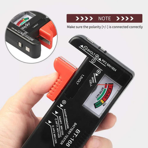 Handy Universal Battery Tester BT 168 Checker For AA AAA C D 9V And Button Cells No Battery Needed To Run Portable Pocket Power Meter For Home Office And Workshop Quick Battery Health Readouts, black plastic