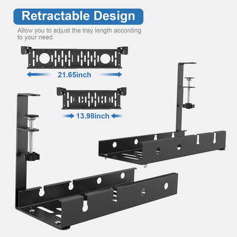 Under Desk Cable Management Tray With Retractable Cord Organizer, No-Drill Metal Cable Basket With Clamp For Home Office Wire