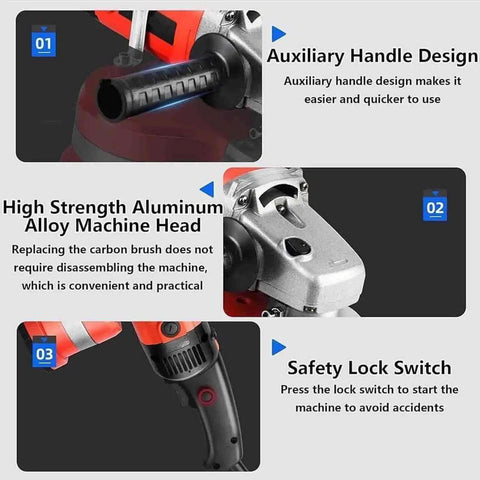 Close-up of 8 Inch Diamond Floor Grinder with Three Disc System, highlighting handle design, aluminum alloy machine head, and safety lock switch.