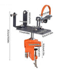 Adjustable Angle Grinder Holder with a Savage Grip Vise Base, showcasing dimensions and sturdy design for hands-free power tool work.