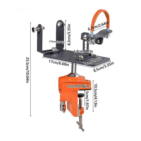 Adjustable Angle Grinder Holder with a Savage Grip Vise Base, showcasing dimensions and sturdy design for hands-free power tool work.