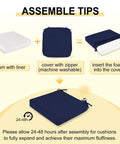 Assembly tips for Four Pack 19 By 19 By 3 Inch Waterproof Outdoor Chair Cushions With Non Slip Ties And Handle, showing foam and cover.