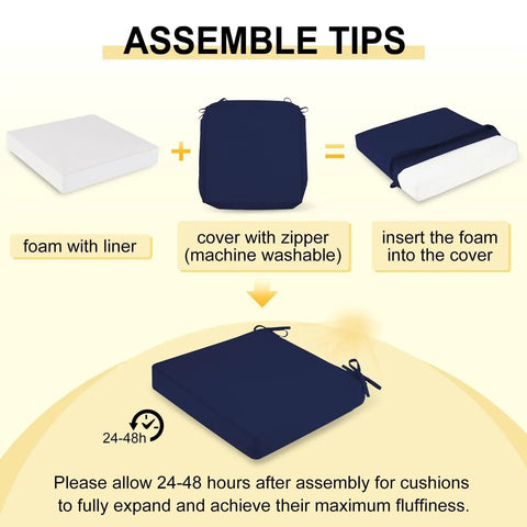 Assembly tips for Four Pack 19 By 19 By 3 Inch Waterproof Outdoor Chair Cushions With Non Slip Ties And Handle, showing foam and cover.