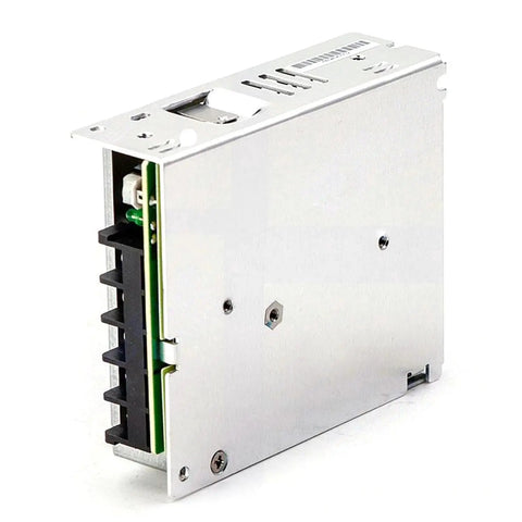 Compact 50W 24V Enclosed AC-DC Power Supply, 2.2A Output, 1U Low-Profile, Only 30mm Tall, Global 85-264VAC Input, Built-To-Last Rugged Metal Enclosure for Control Cabinets, Industrial Automation, and Appliance Use, silver metal housing
