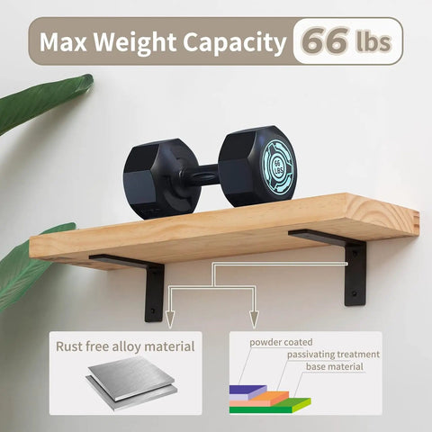 Heavy Duty 6 By 4 Inch L Shaped Shelf Bracket Set installed under wooden shelf with dumbbell, 66 lbs load rating