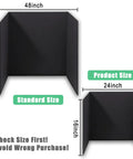 Comparison of standard 48x36 inch and product 24x16 inch black trifold display boards with dimensions labeled.
