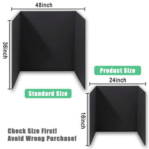 Comparison of standard 48x36 inch and product 24x16 inch black trifold display boards with dimensions labeled.