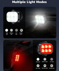 Ultra Slim USB Rechargeable Bike Lights Front And Rear Set for night riding, showing multiple light modes on headlight and tail light.
