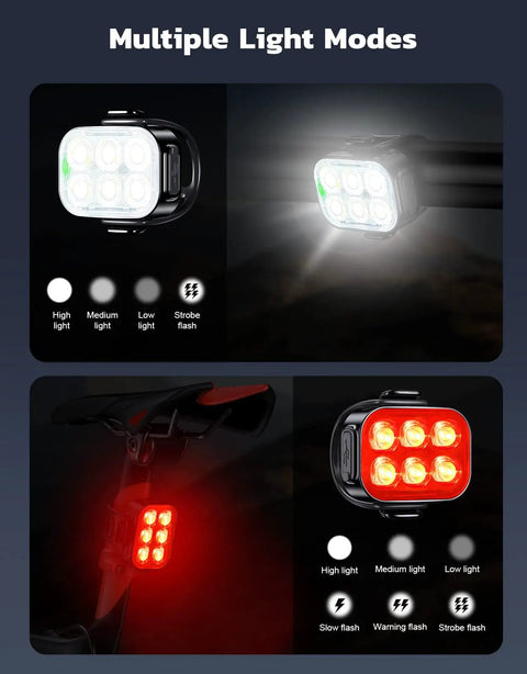 Ultra Slim USB Rechargeable Bike Lights Front And Rear Set for night riding, showing multiple light modes on headlight and tail light.