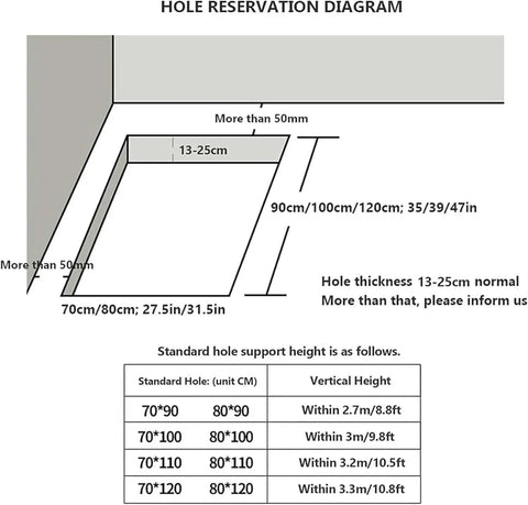Hole reservation diagram showing dimensions for Heavy Duty Electric Attic Ladder Pull Down Loft Stair With Remote Control Auto Deploy.