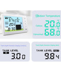 Wireless Ultrasonic Water Level Sensor With Digital Display And Temperature Readout For Liquid Depth Monitoring Battery Powered Tank Gauge Easy Setup And Real Time Alerts shown with digital display readings in Celsius and Fahrenheit