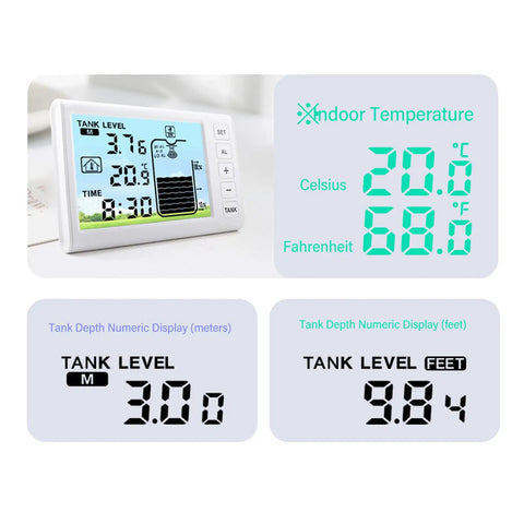 Wireless Ultrasonic Water Level Sensor With Digital Display And Temperature Readout For Liquid Depth Monitoring Battery Powered Tank Gauge Easy Setup And Real Time Alerts shown with digital display readings in Celsius and Fahrenheit
