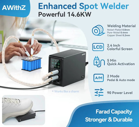 Person using 14.6 KW Capacitor Battery Spot Welder for 18650 and LiFePO4 packs with foot pedal on white table
